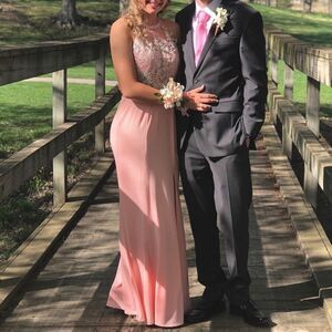 Coral Pink Floor-Length Prom Dress With Front Slit and Rhinestone Beading